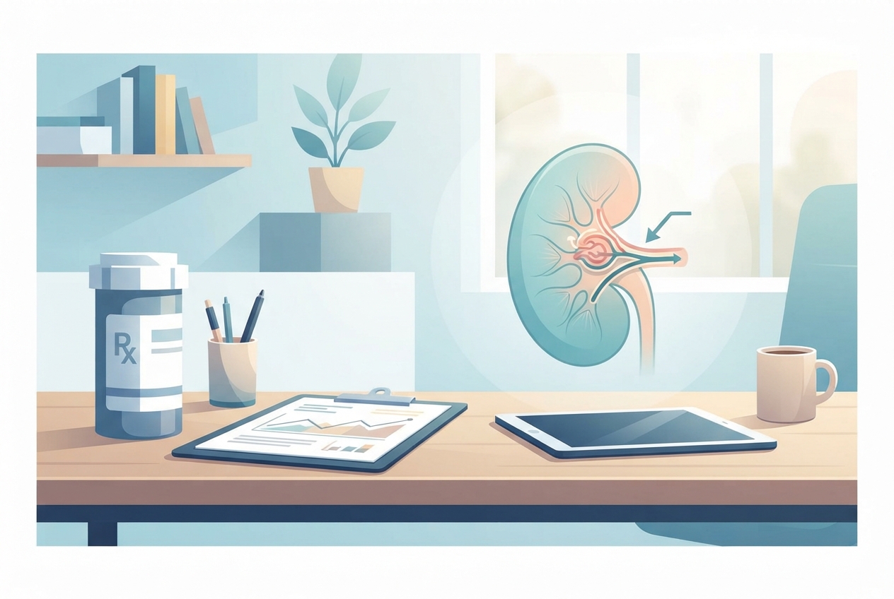 Editorial illustration of ACE inhibitor monitoring with abstract kidney physiology and laboratory trend lines on a primary-care desk.