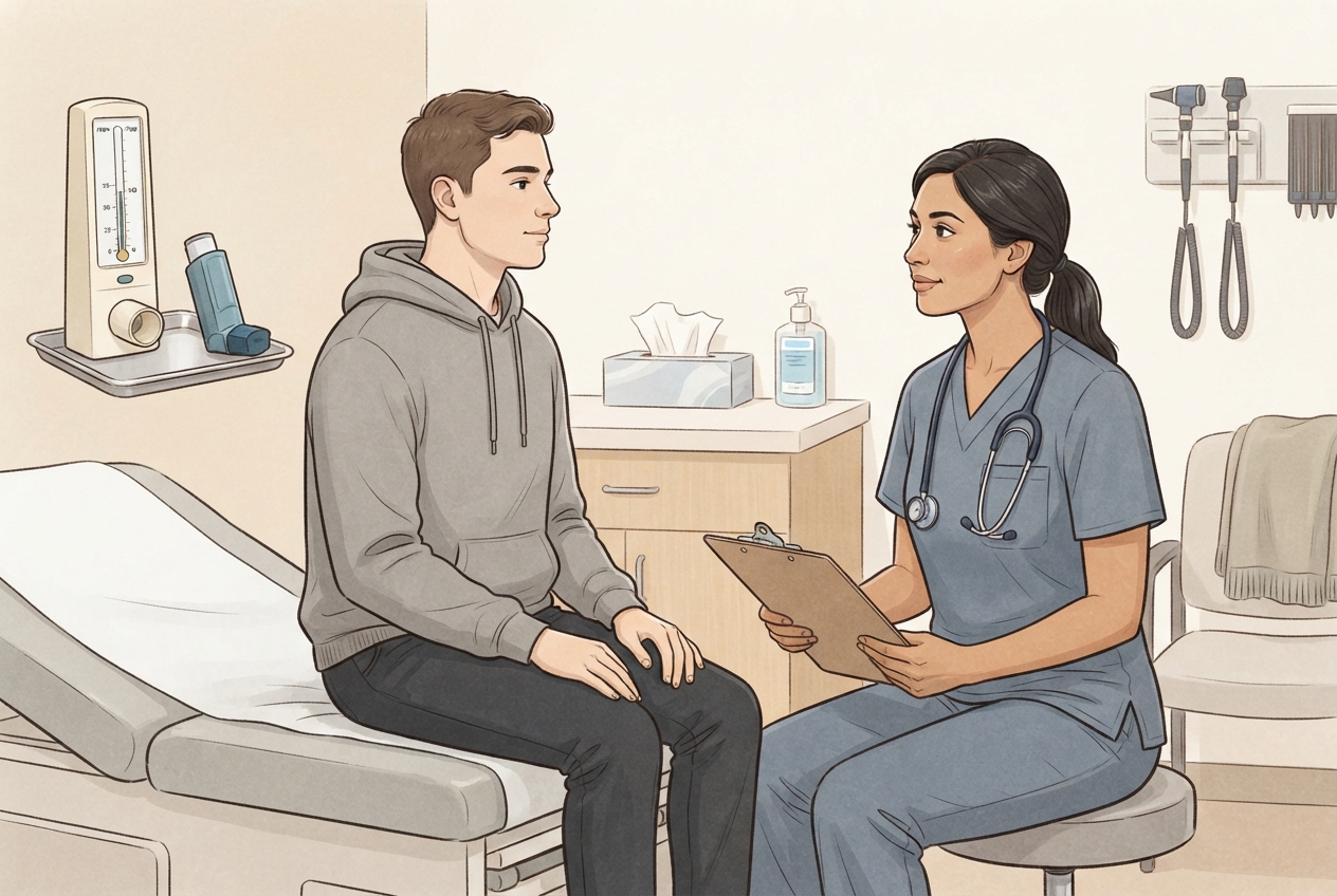 Landscape illustration of a clinician reassessing a young adult with asthma in an urgent-care room, with a peak-flow meter and inhaler visible nearby.