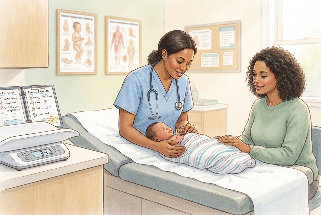 Editorial illustration of a primary-care newborn visit focused on feeding assessment, weight monitoring, and jaundice evaluation.