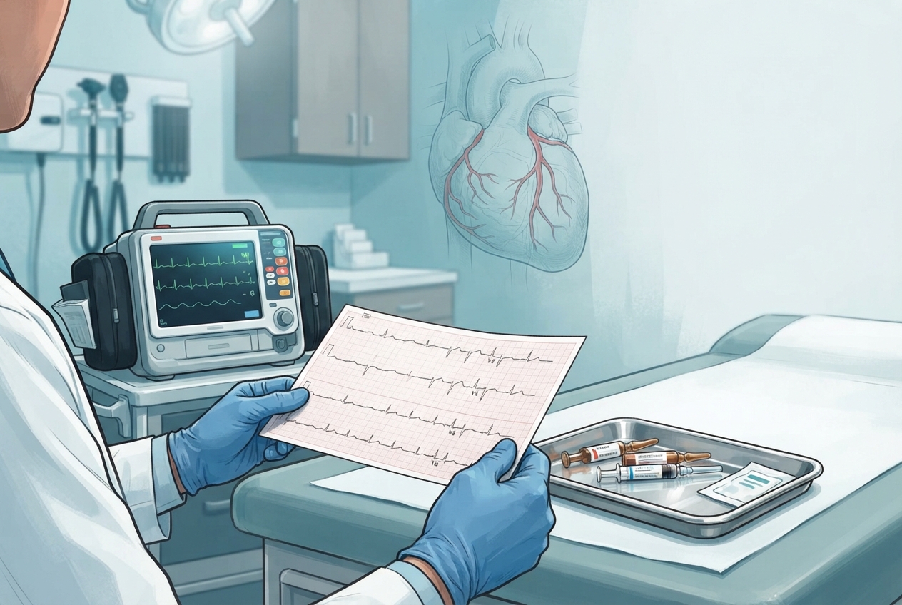 Editorial illustration of a clinic ECG with ST-segment depression beside emergency medical equipment, representing recognition and transfer of suspected acute coronary syndrome.