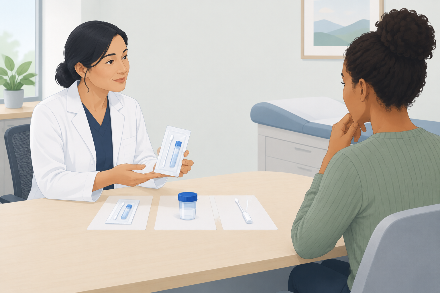A primary care clinician offers a patient a self-collection kit during a private discussion about STI screening options.