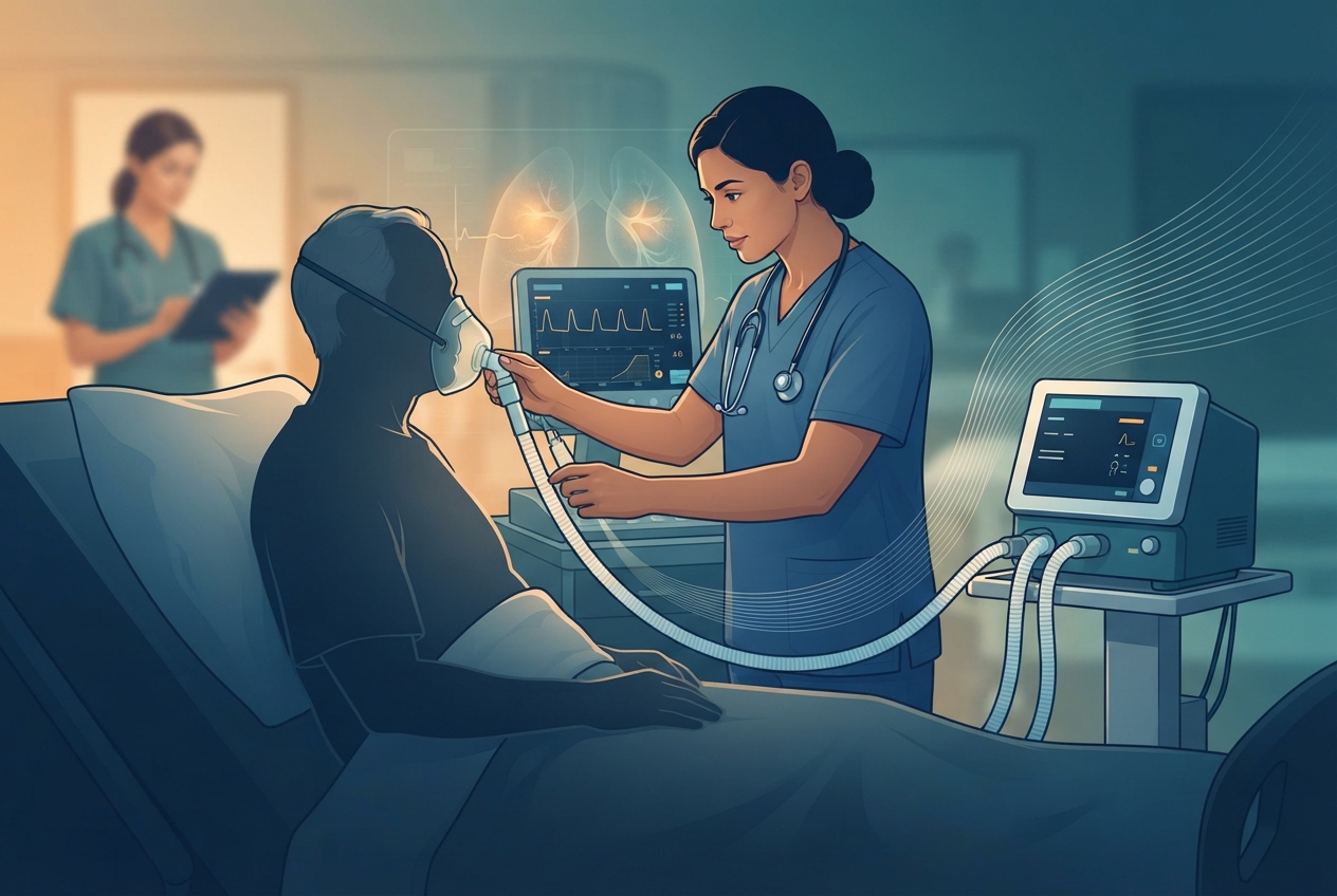Editorial illustration of a clinician assessing an older adult with COPD-related respiratory failure while reviewing an arterial blood gas and preparing controlled oxygen or noninvasive ventilation.