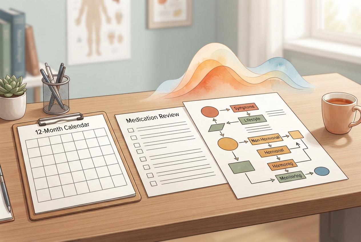 Editorial illustration of a family medicine clinician reviewing menopause diagnosis and treatment decisions with a blank calendar and medication checklist on a desk.