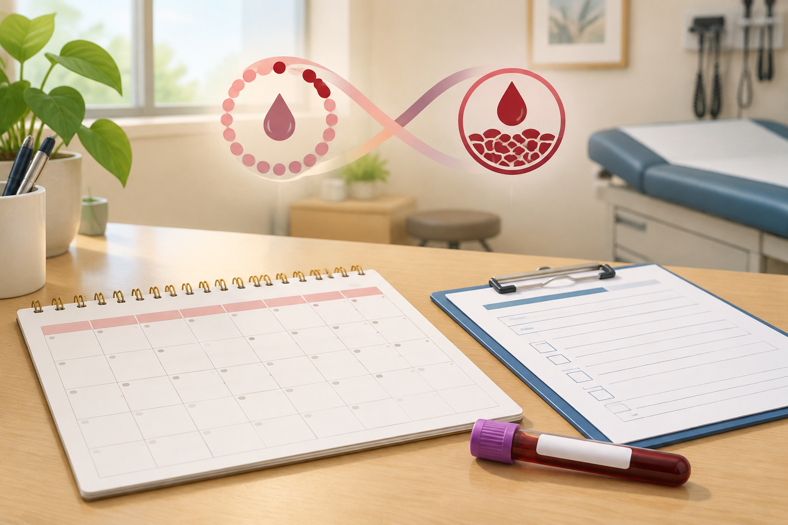 Editorial illustration of a blank menstrual calendar and blood specimen tube on a primary-care desk, representing the assessment of heavy periods and possible bleeding disorders.