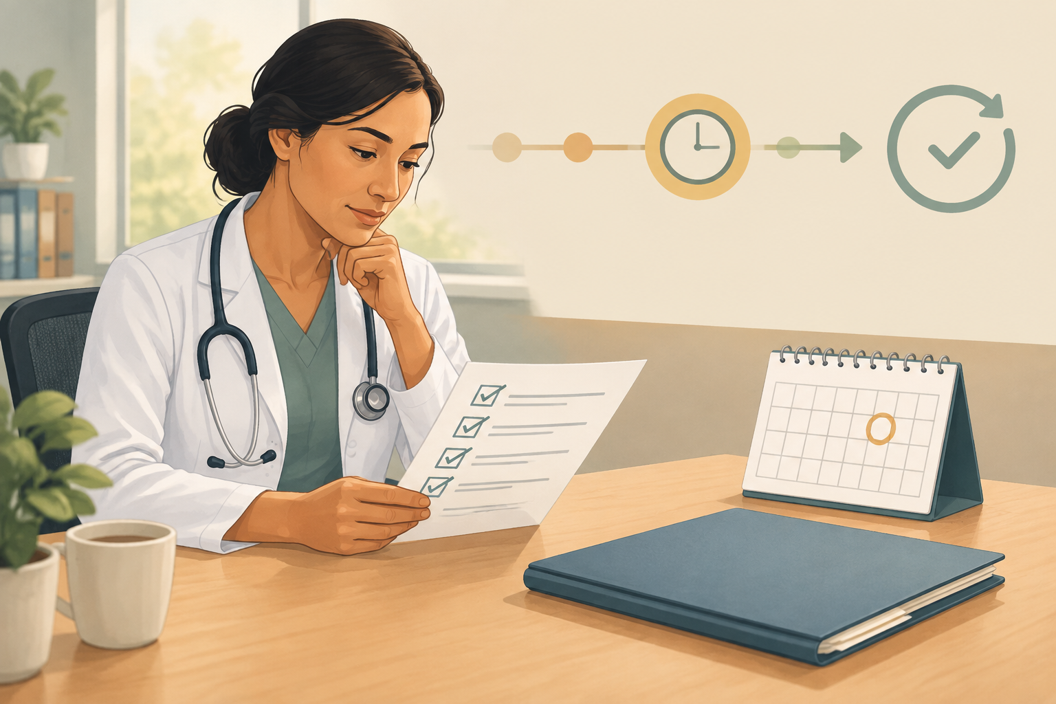 A primary-care clinician reviews a follow-up checklist and calendar, illustrating the 72-hour reassessment of pelvic inflammatory disease.