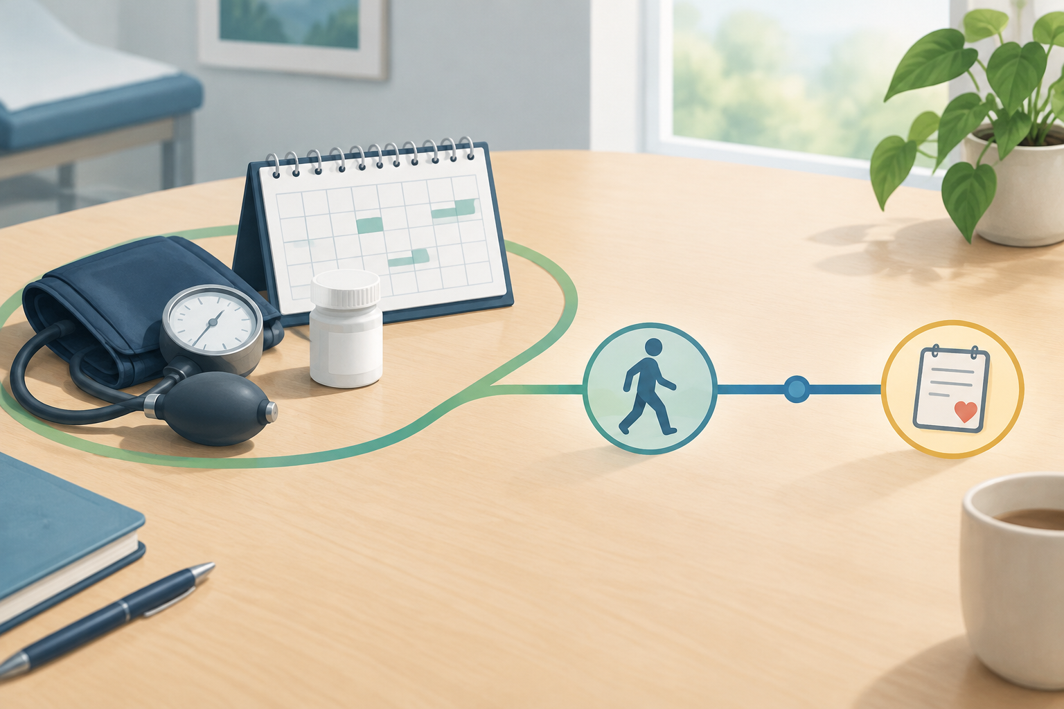 Editorial illustration contrasting long-term cardiovascular prevention with a timeline for evaluating stable chest symptoms.