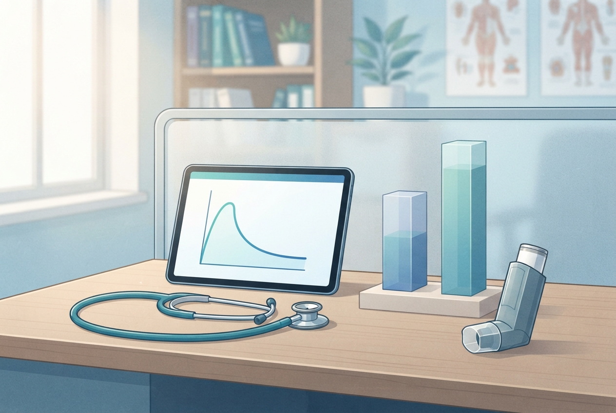 Editorial illustration of a family medicine spirometry workstation with an unlabeled lung-function curve, inhaler, and stethoscope.