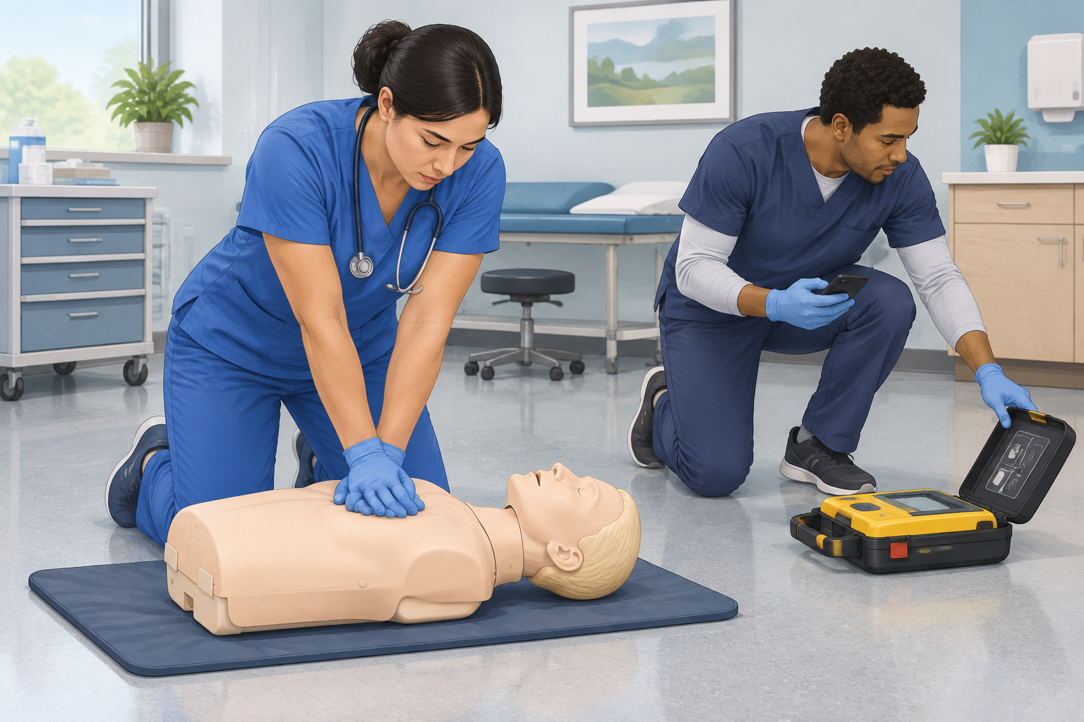 A clinician practices chest compressions on a training mannequin as a colleague reaches for an AED and phone.